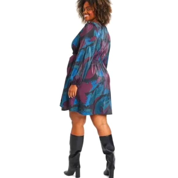 NWT Ava & Viv Balloon Long Sleeve Midi Wrap Dress In Black Floral Size 1X - Picture 3 of 11